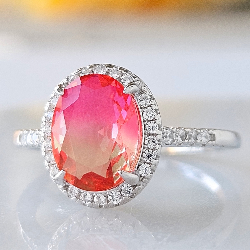 Pink & Peach Oval Gemstone Ring, 925 Sterling Silver Charmed Aroma